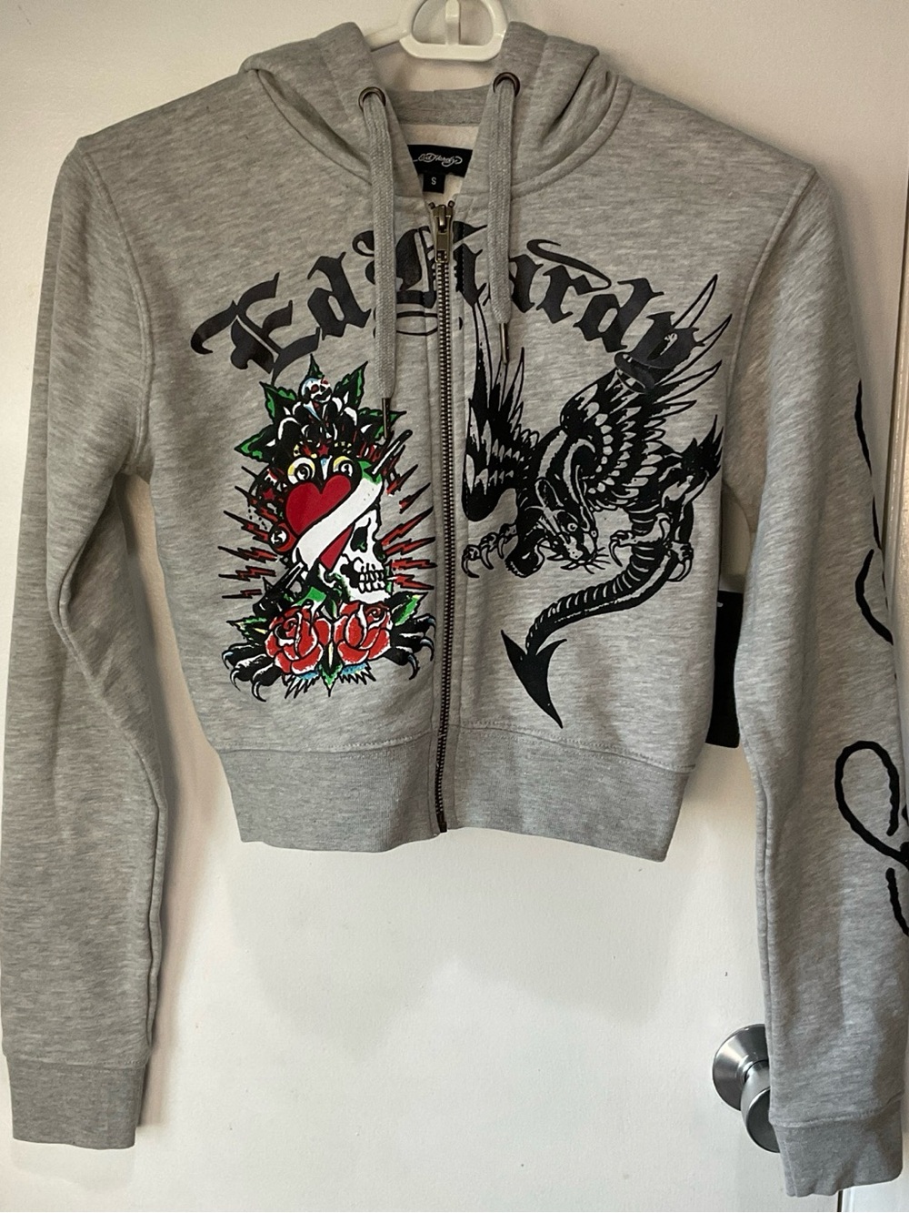 Ed Hardy Cropped Gray Zip Up Hoodie with Skull & Dragon Graphics Y2K